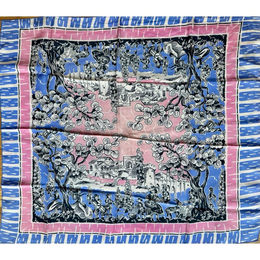 Vintage Scenic Toile Scarf Pink Blue Cottagecore Folk Art Novelty